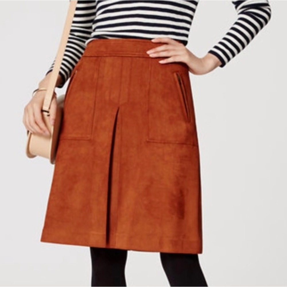 LOFT Faux Suede A-Line Pleated Skirt Women's Size 14 Brown Zipper Close Pockets